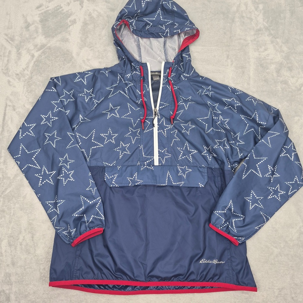Eddie Bauer Women's M Star Print Anorak Windbreaker Navy Blue Half Zip  USA Flag